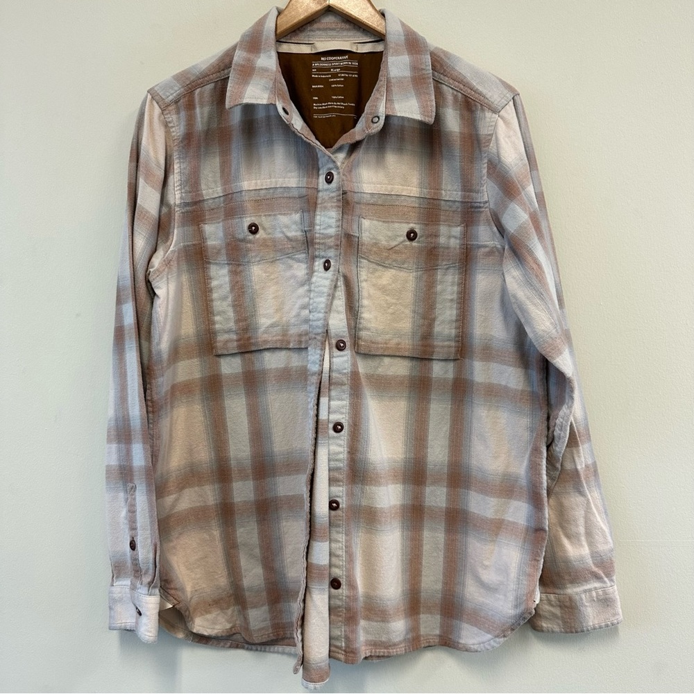 REI Plaid Flannel Button Down Shirt - Brown and Cream